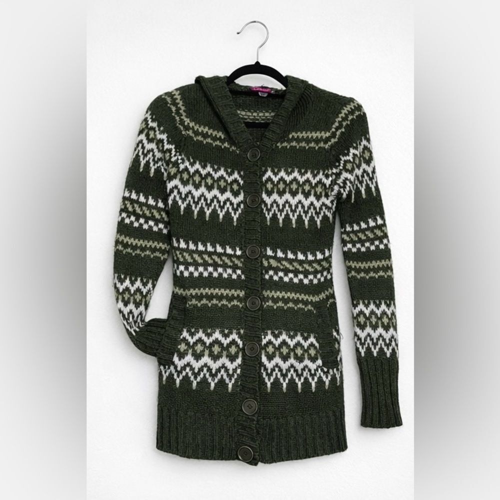 Say What? Hooded Green Fair Isle Knit Cardigan Sweater Women’s Size S